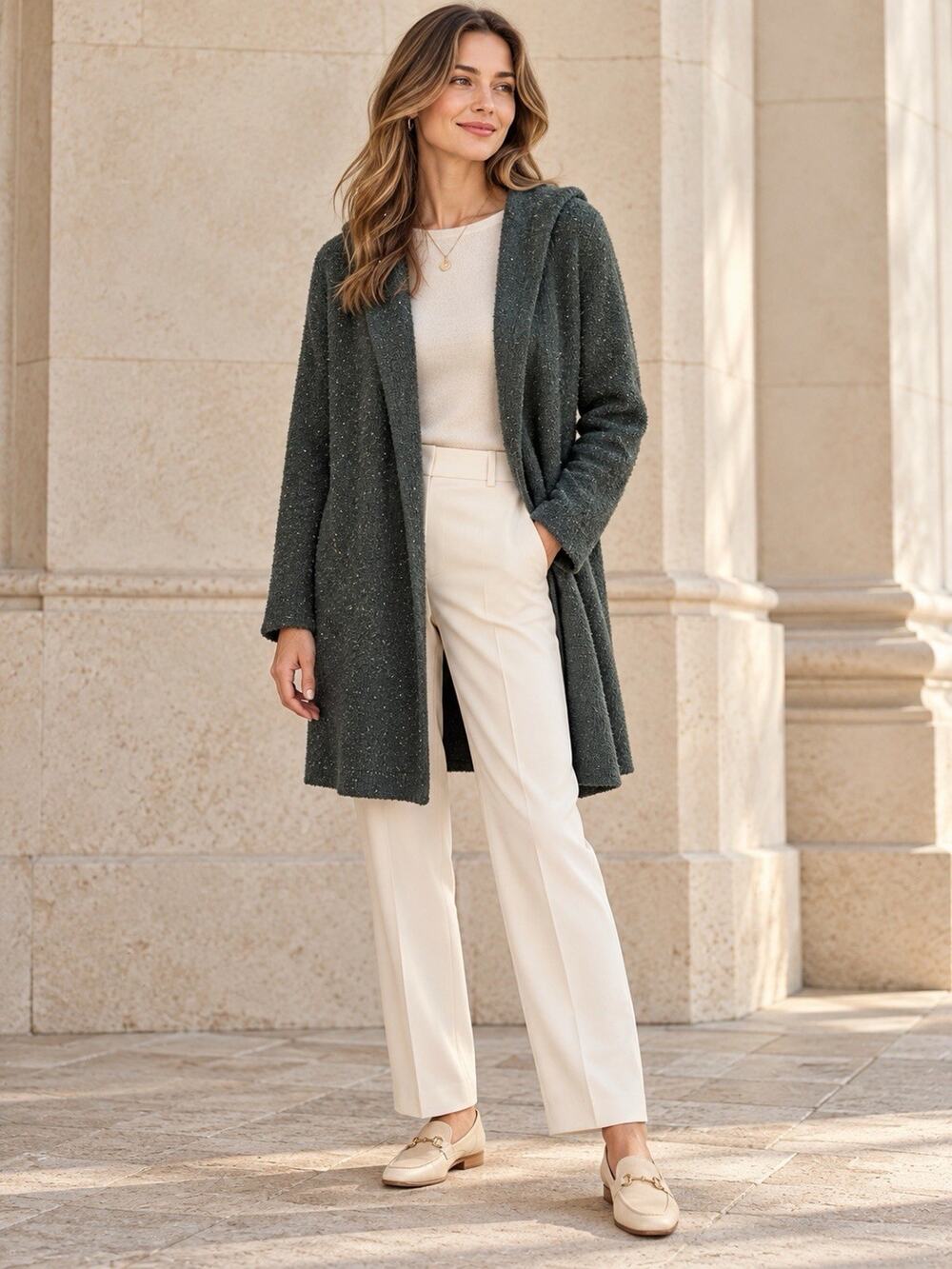 Eileen Fisher Wool Silk Long Cardigan Sz L Open Front Speckled Hooded Minimalist
